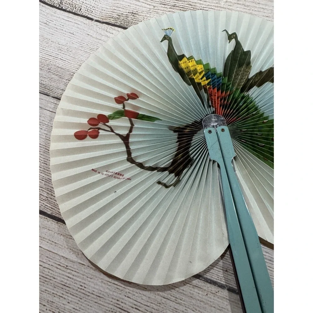Vintage Chinese Paper Folding Metal Handle Fan Peacocks Cherry Blossoms Tub14